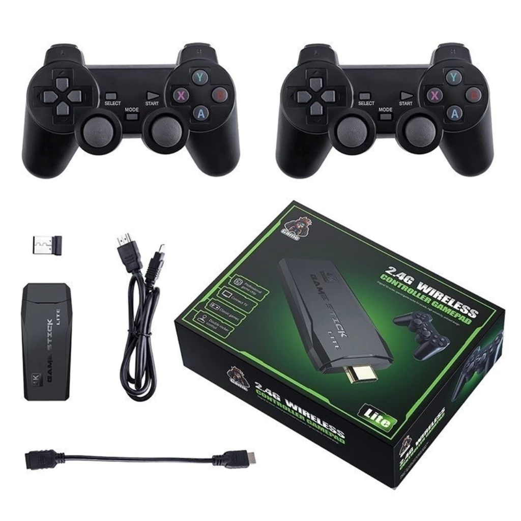 Game Stick 4K com dois controles sem fio, cabos e caixa