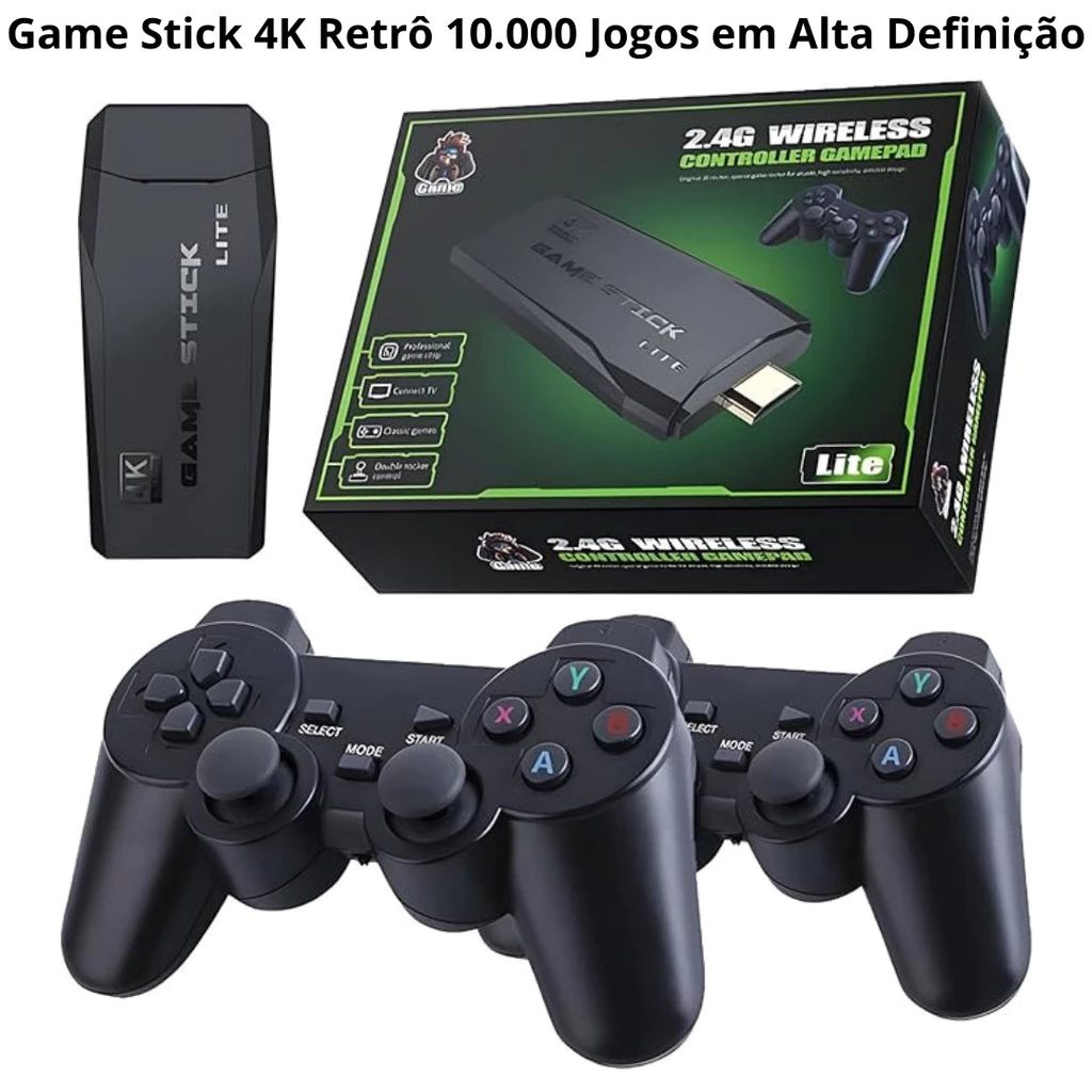 Game Stick 4K, embalagem e dois controles sem fio
